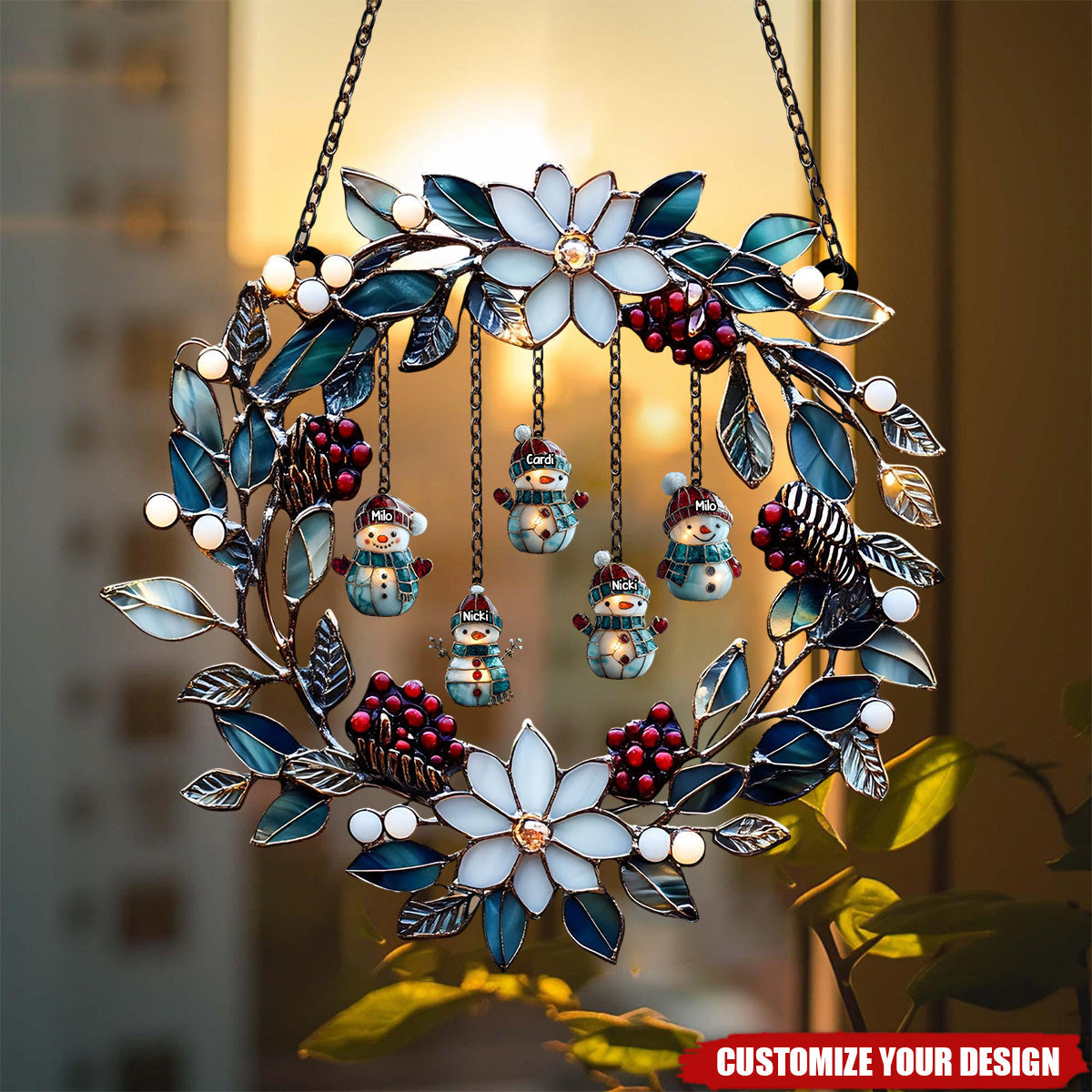 Personalized Snowman Family Acrylic Wreath Suncatcher