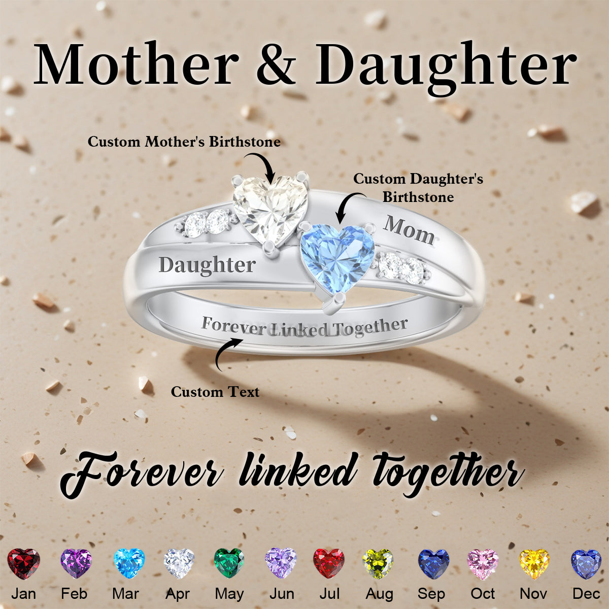 For My Family-Double Heart Gemstone Ring