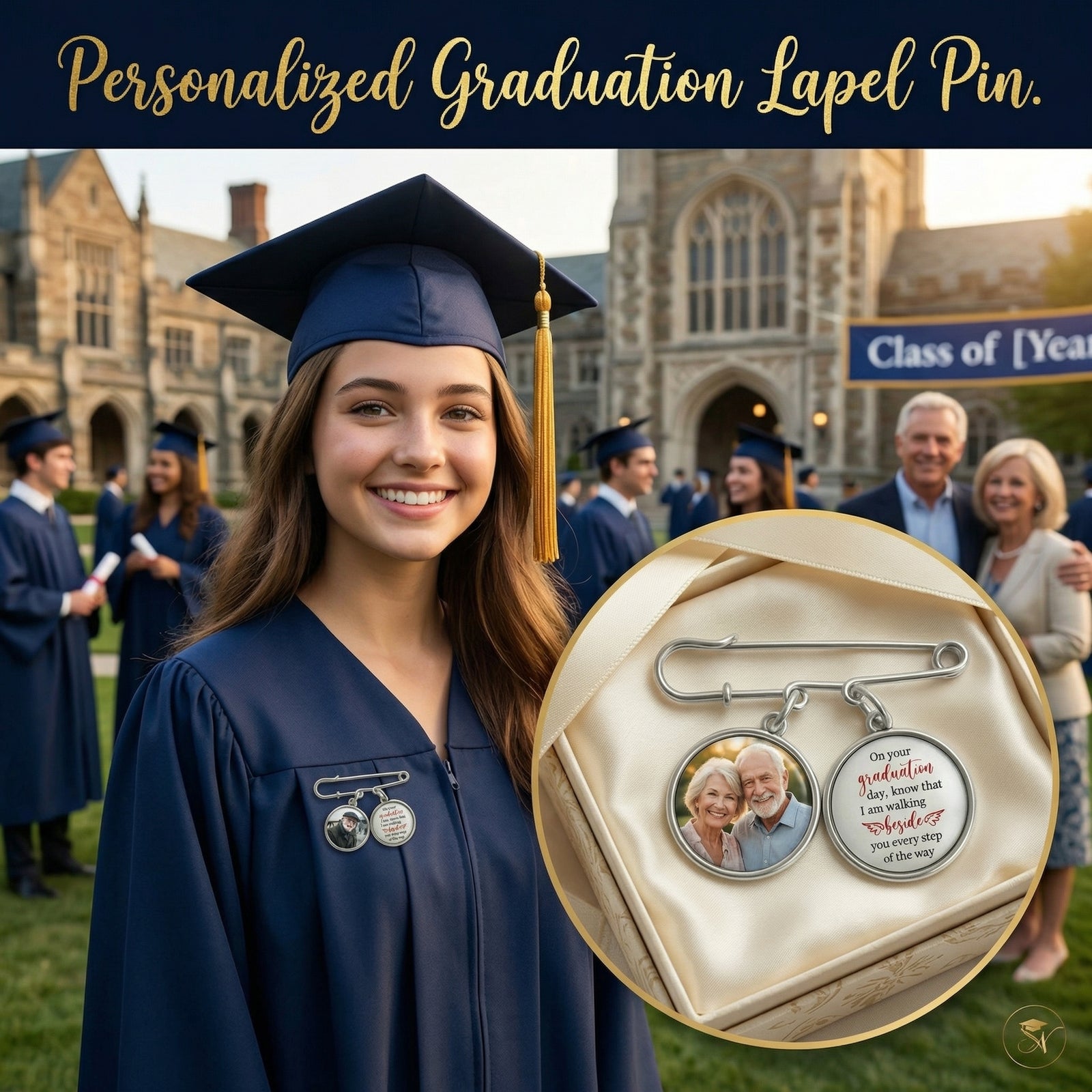 Graduation Walking Beside You Every Step - Personalized Memorial Lapel Pin With Photo Charms