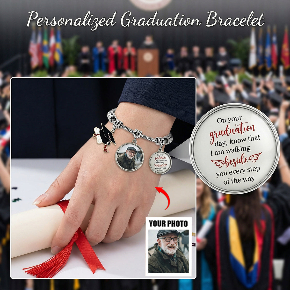 Graduation Walking Beside You Every Step - Personalized Memorial Bracelet With Photo Charms