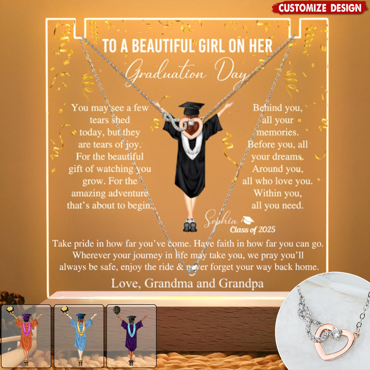 Personalized LED Light Acrylic Plaque With Infinity Necklace - Graduation Gifts For Her