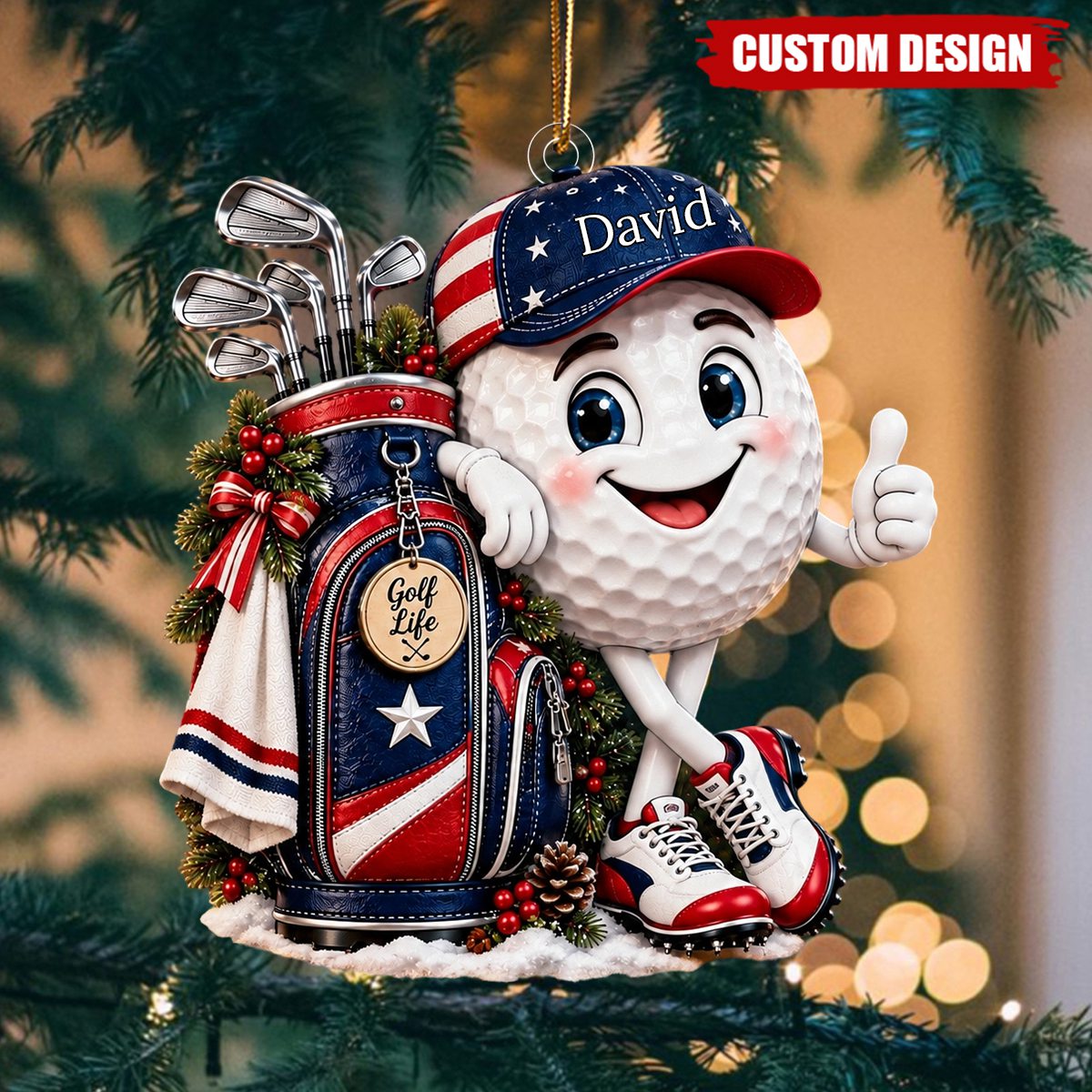 Personalized Golf Life Acrylic Ornament, Golfer Christmas Ornament, USA Golf Ball Character Keepsake
