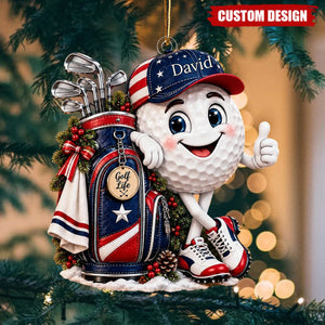 Personalized Golf Life Acrylic Ornament, Golfer Christmas Ornament, USA Golf Ball Character Keepsake