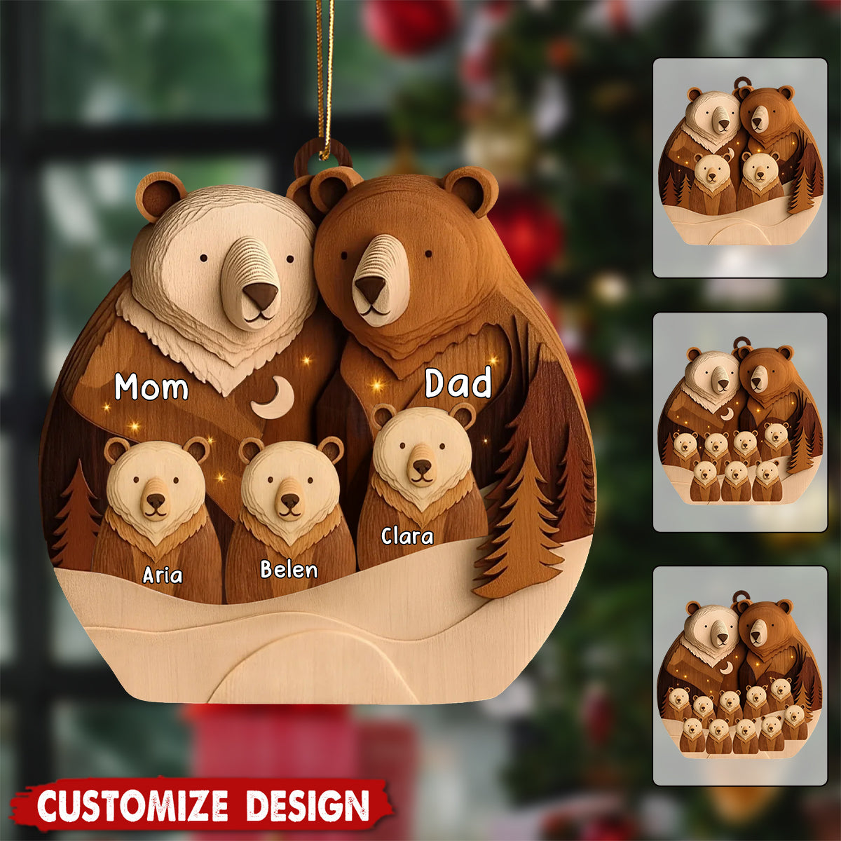 Personalized Bear Family Woodland Wooden Christmas Ornament - Gift for Family