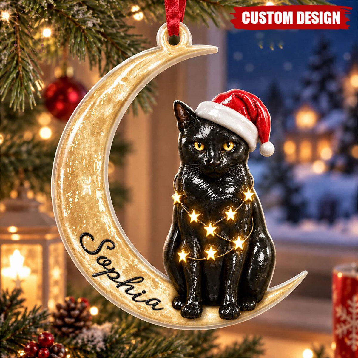 Personalized Black Cat Christmas Acrylic Ornament, Black Cat Sleeping On The Moon
