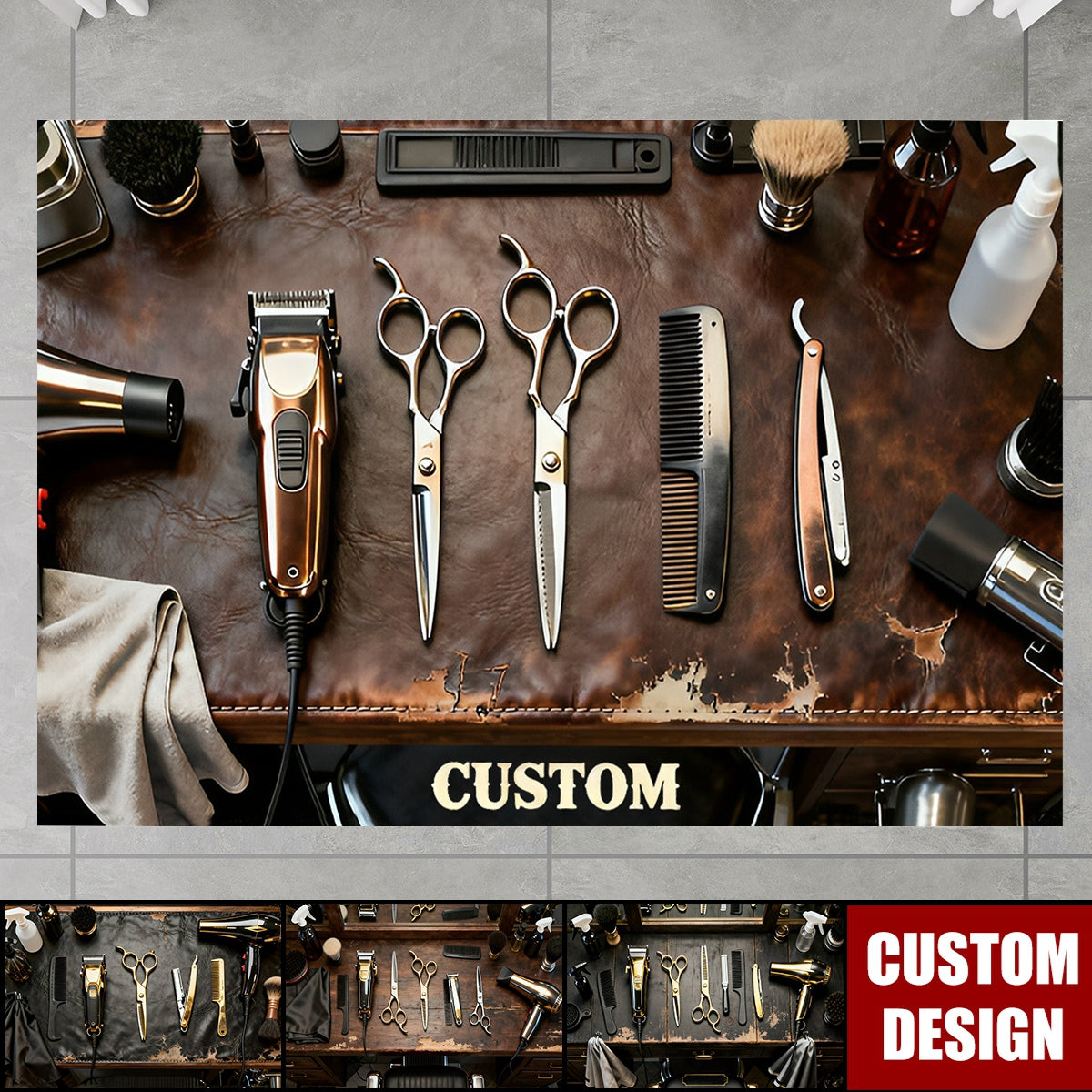 Custom-made vintage barber's workbench rug
