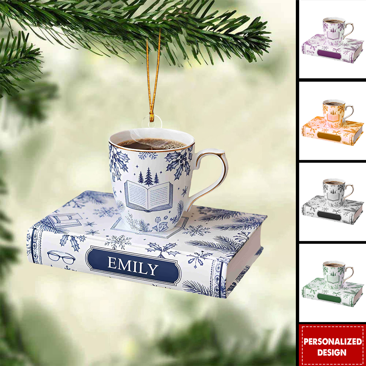 Personalized Book and Coffee Ornament-Gift for Book Lover
