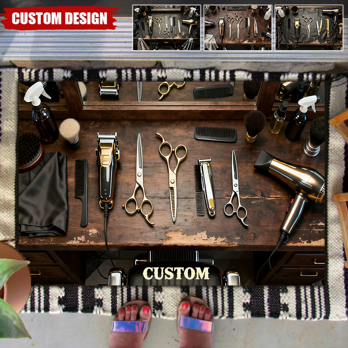 Custom-made vintage barber's workbench rug