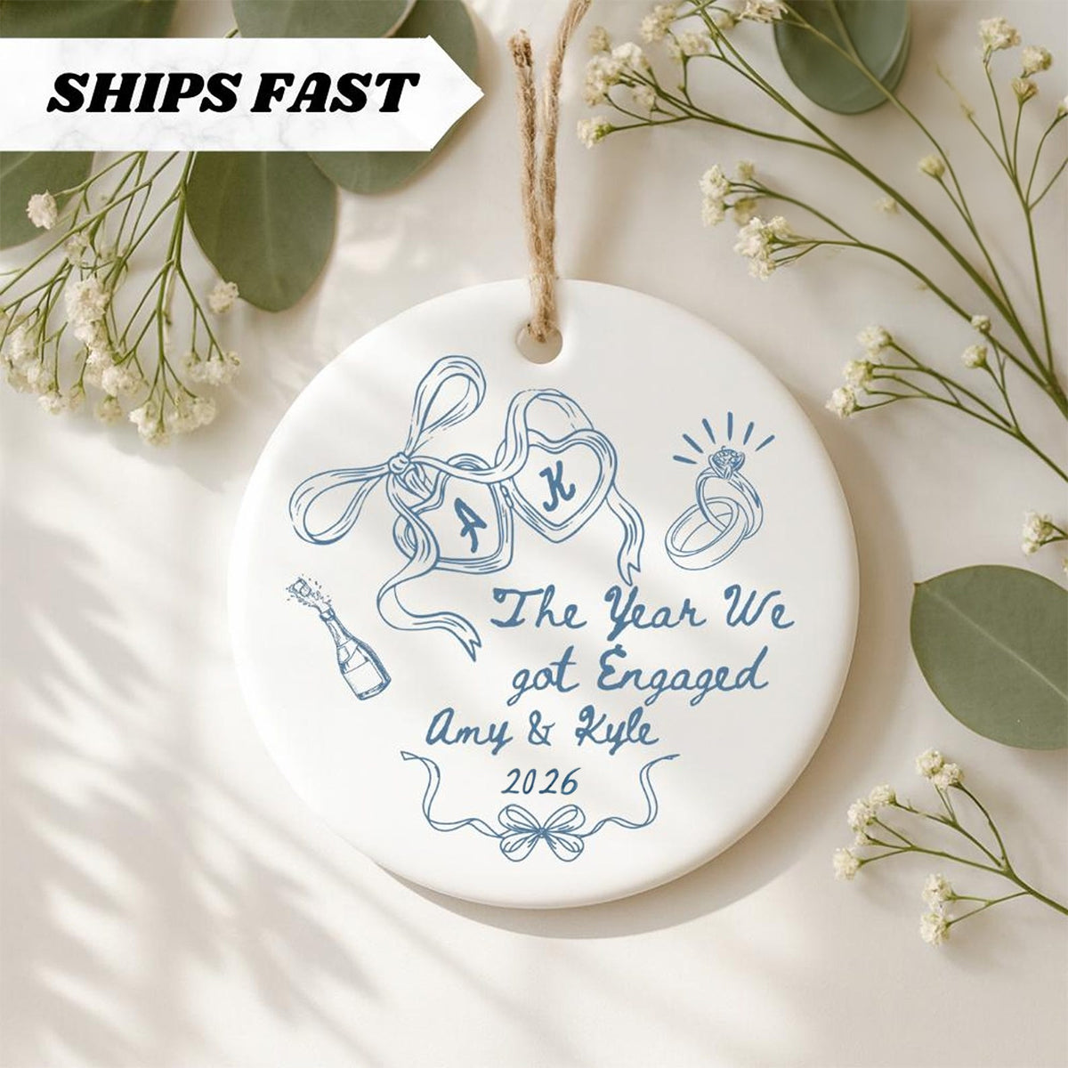 Personalized Engagement Ornament, The Year We Got Engaged Ceramic Keepsake, Custom Couple Ornament with Names and Year, Bride to Be Gift