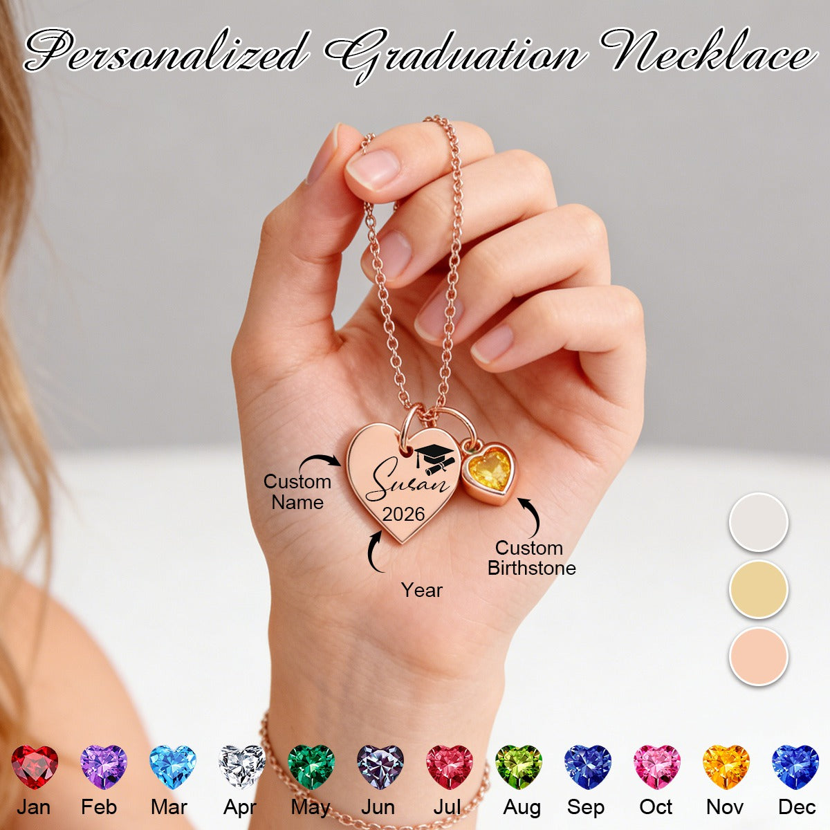 Personalized Graduation Birthstone Heart Necklace