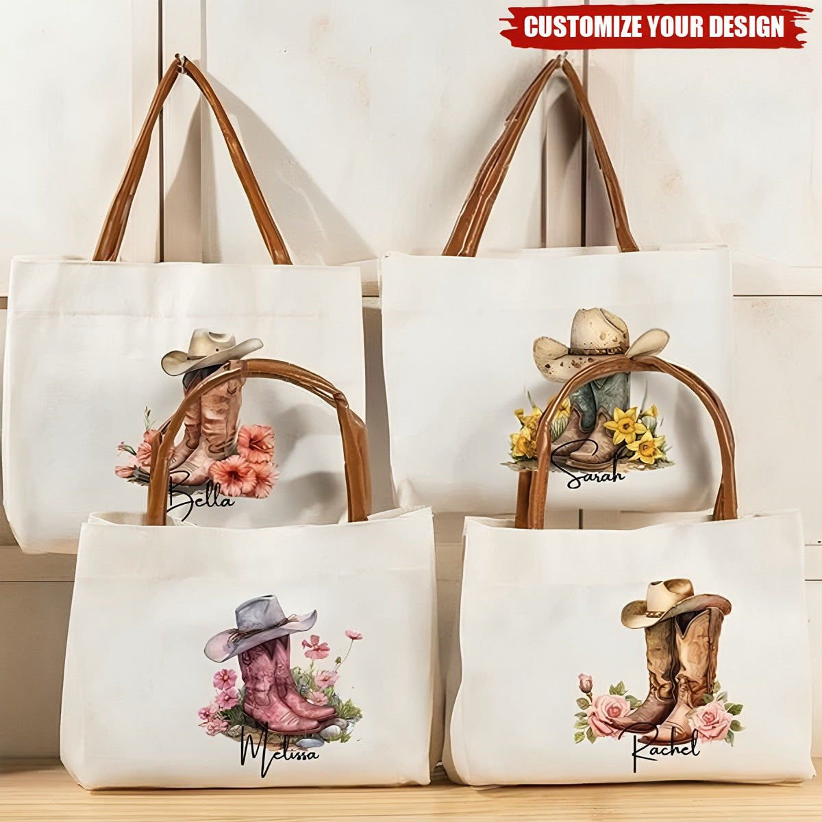 Personalized Birth Flower Western Cowgirl Boots Design Canvas Tote Bag