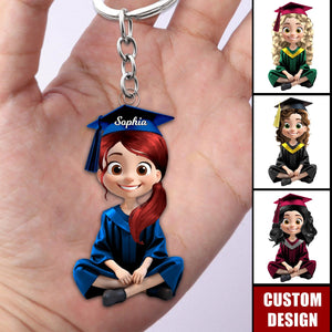 Cute Cartoon Sitting Graduates-Personalized Keychain, Graduation Gift