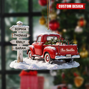 Personalized Red Truck Family Sign Posts Ornament