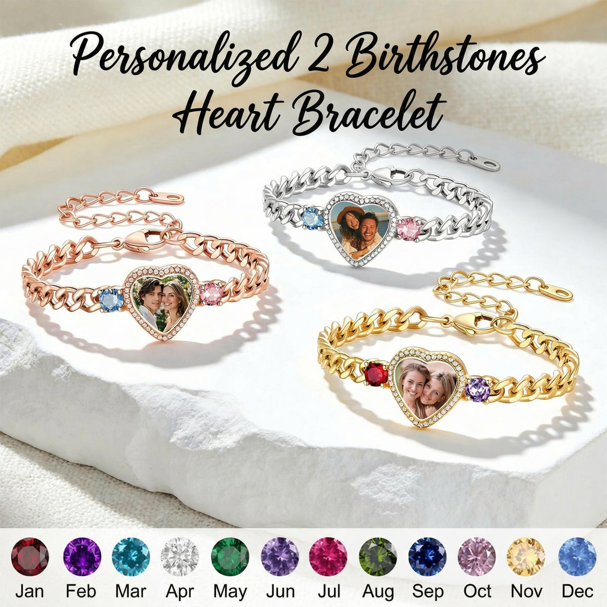 Personalized Heart Photo 2 Birthstones Bracelet - Gift For Mom Wife Grandma