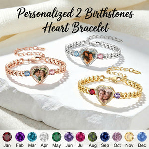 Personalized Heart Photo 2 Birthstones Bracelet - Gift For Mom Wife Grandma