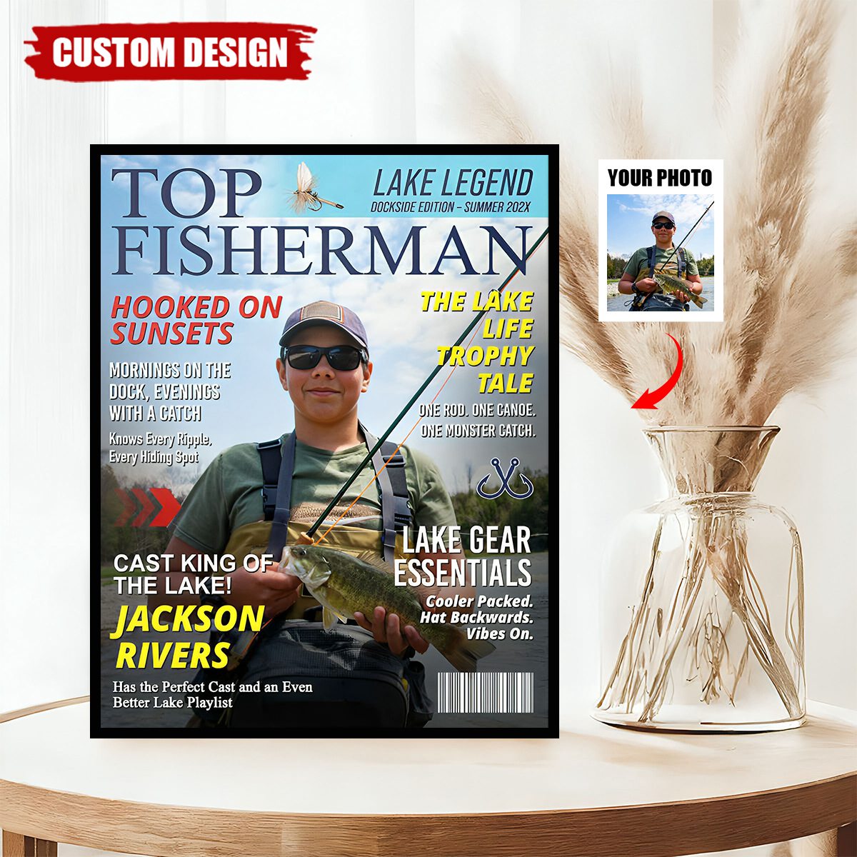 Personalized Lake Fishing Magazine Cover, Custom Gift for Fishing Dad, Husband or Him, Best Gift For Fishing Men