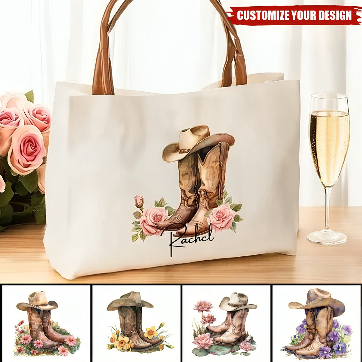 Personalized Birth Flower Western Cowgirl Boots Design Canvas Tote Bag