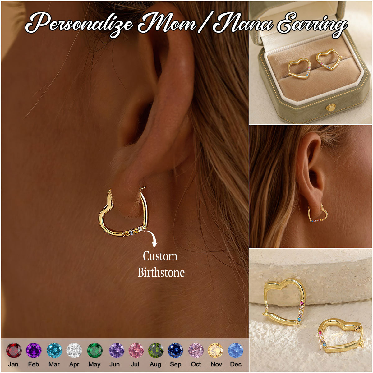 Personalised Birthstone Heart Huggies Earrings, Tiny Birthstone Hoop Earring