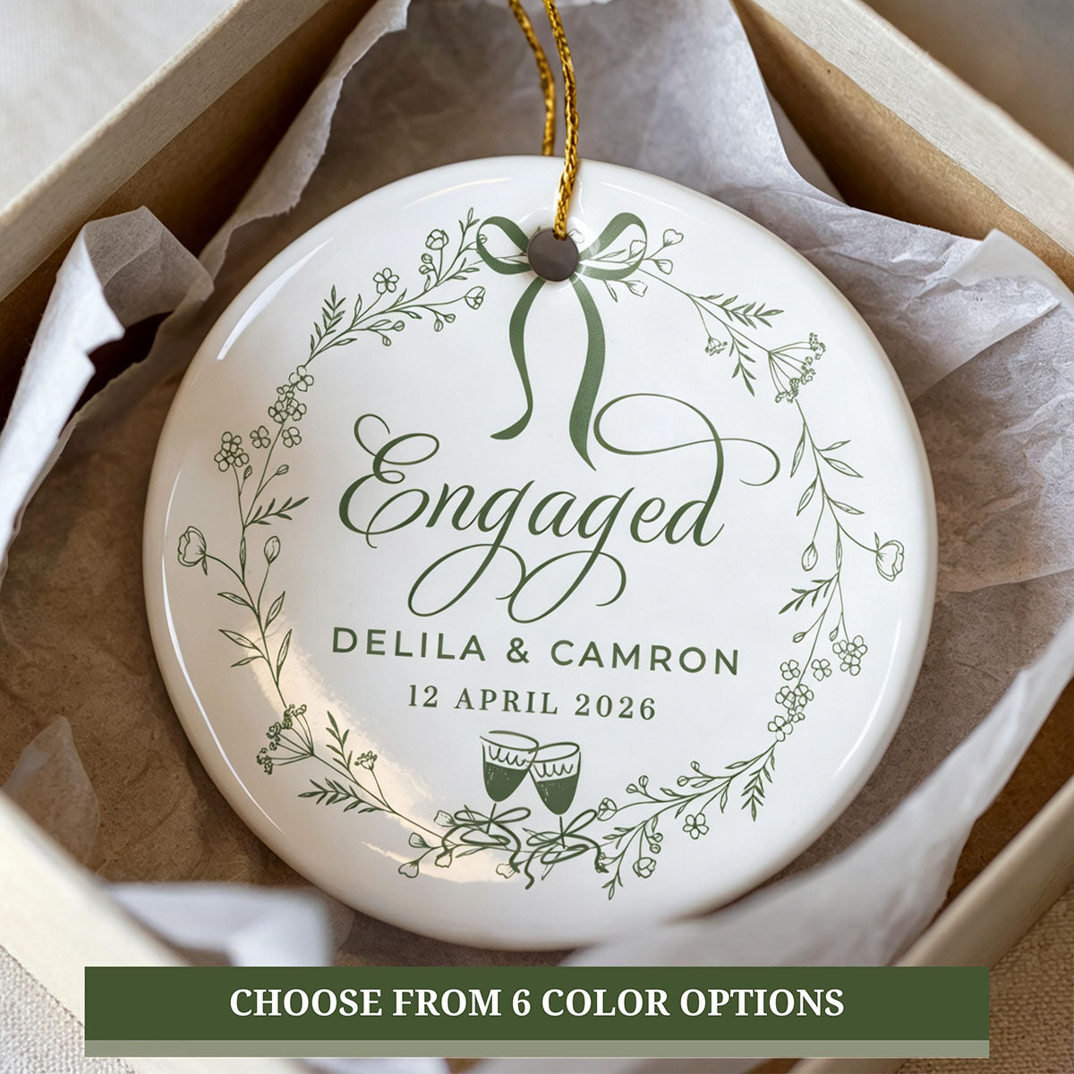 Personalized Ceramic Engaged Christmas Ornament, Custom Engagement Gift for New Couples