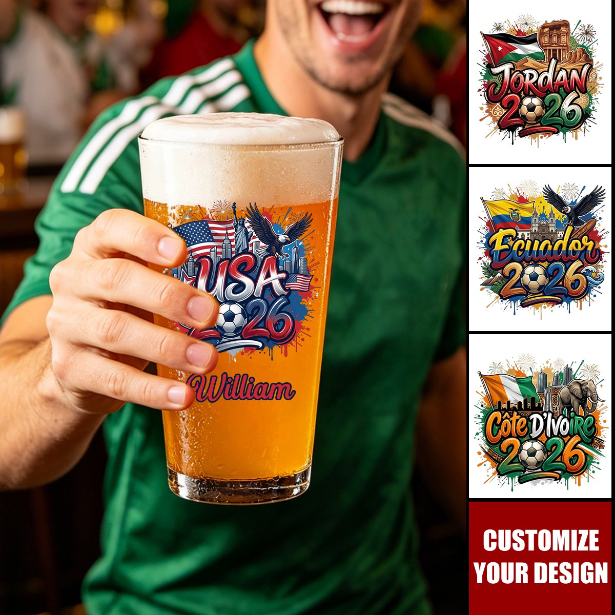 Personalized 2026 Soccer Country Beer Glass - Custom Gift for Fan Events & Tailgates
