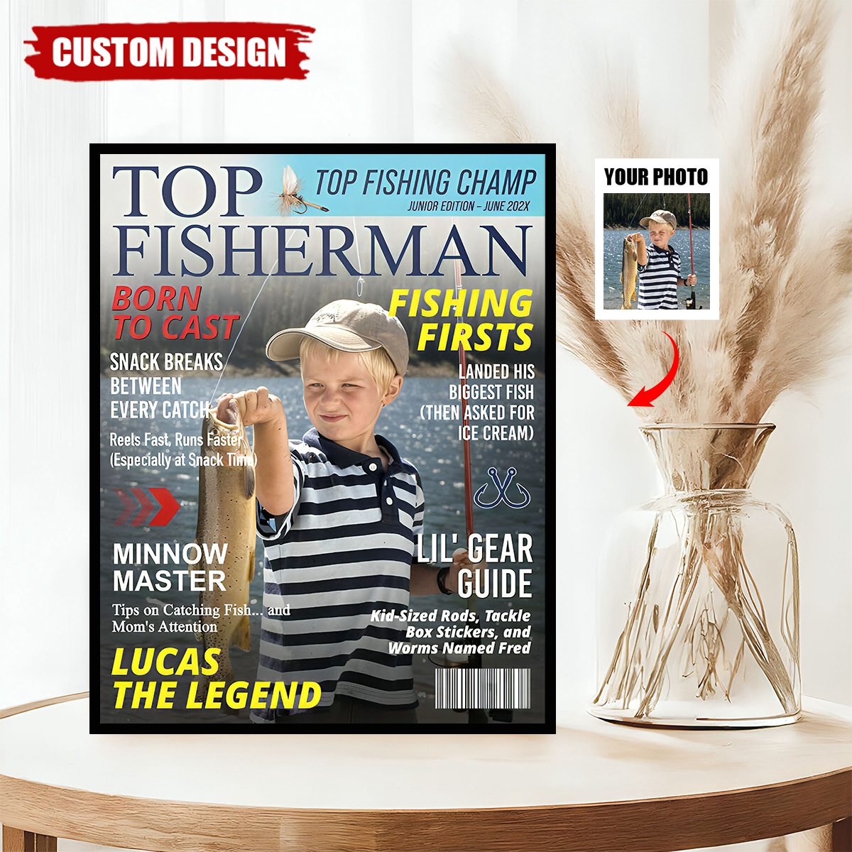 Custom Kids Fishing Magazine Cover Poster, Fishing Gifts for Boys, Fishing Gift for Son, Grandson, or Young Angler, Personalized Fisherman Gift