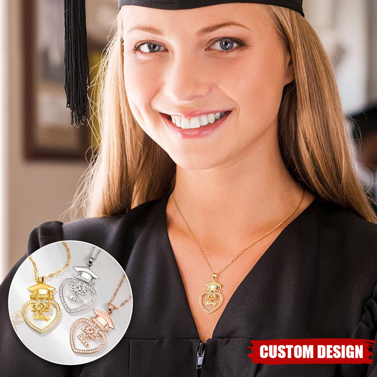 Personalized Grad Cap Zircon Heart Necklace - Class of 2025 Graduation - Gift for Graduates