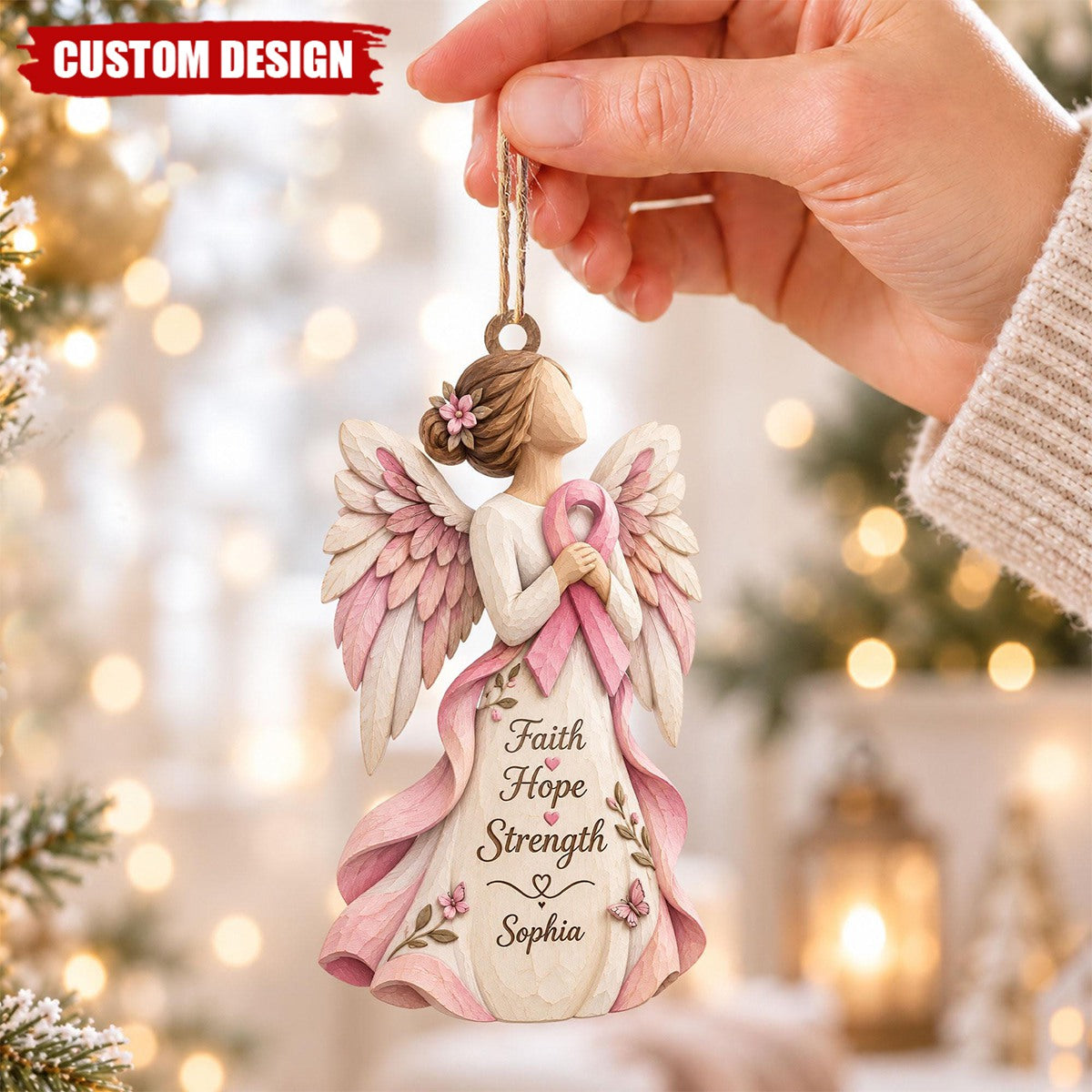 Personalized Faith Hope Strength Breast Cancer Wooden Ornament, Breast Cancer Survivor Gifts