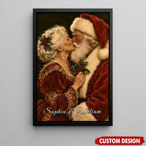 Personalized Romantic Christmas Couple Poster, Santa And Mrs Claus Kissing Wall Art Decor