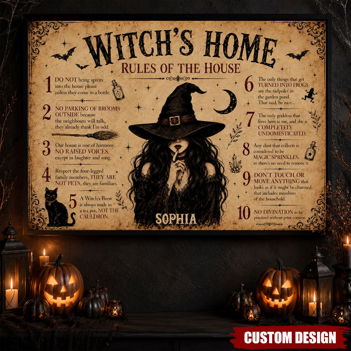 Personalized Halloween Witch Poster,Witch’s Home Rules Wall Art Decor,Gift For Witch Lover