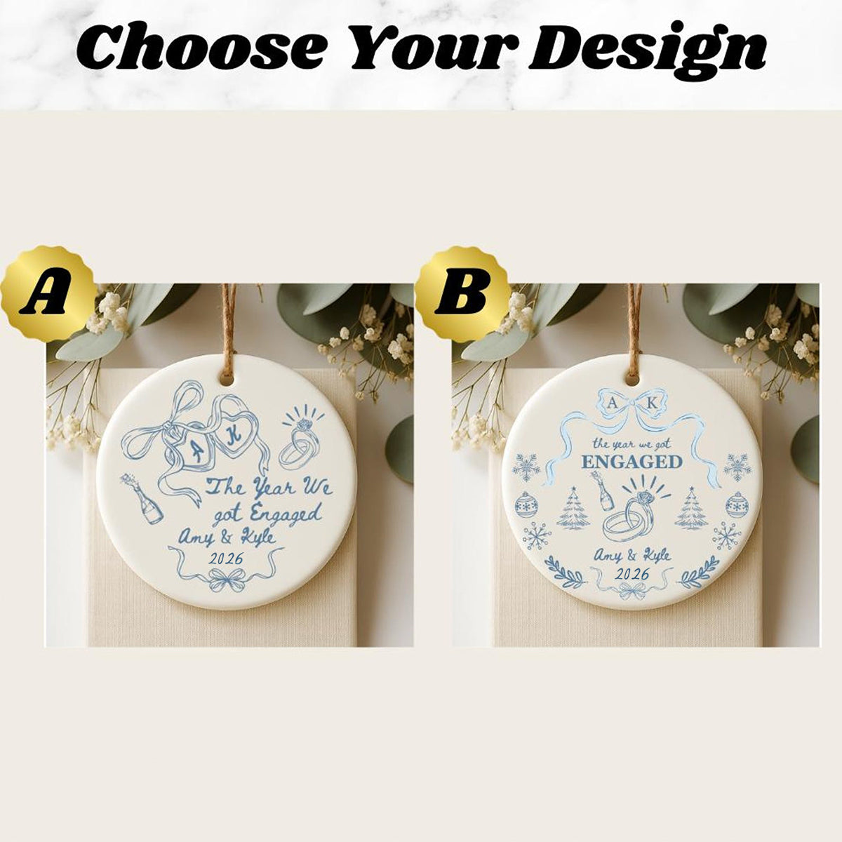 Personalized Engagement Ornament, The Year We Got Engaged Ceramic Keepsake, Custom Couple Ornament with Names and Year, Bride to Be Gift