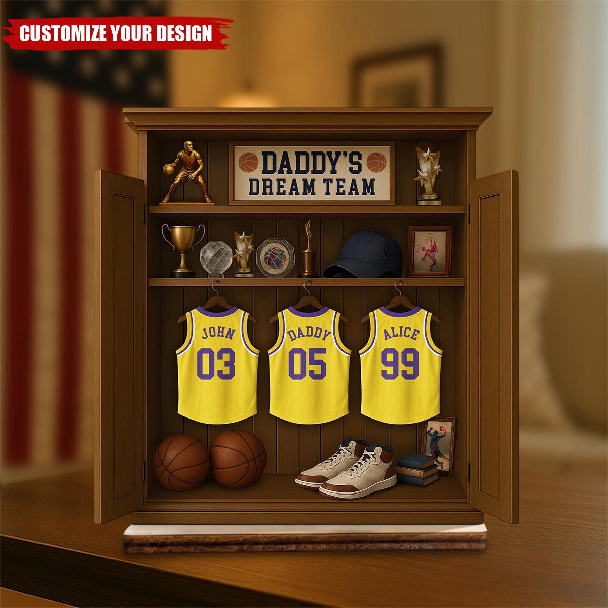 Personalized Daddy's Dream Team Basketball Jersey 2-Layered Wooden Plaque-Father’s Day Gift For Sports Dad