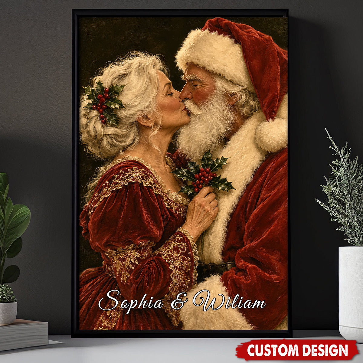 Personalized Romantic Christmas Couple Poster, Santa And Mrs Claus Kissing Wall Art Decor
