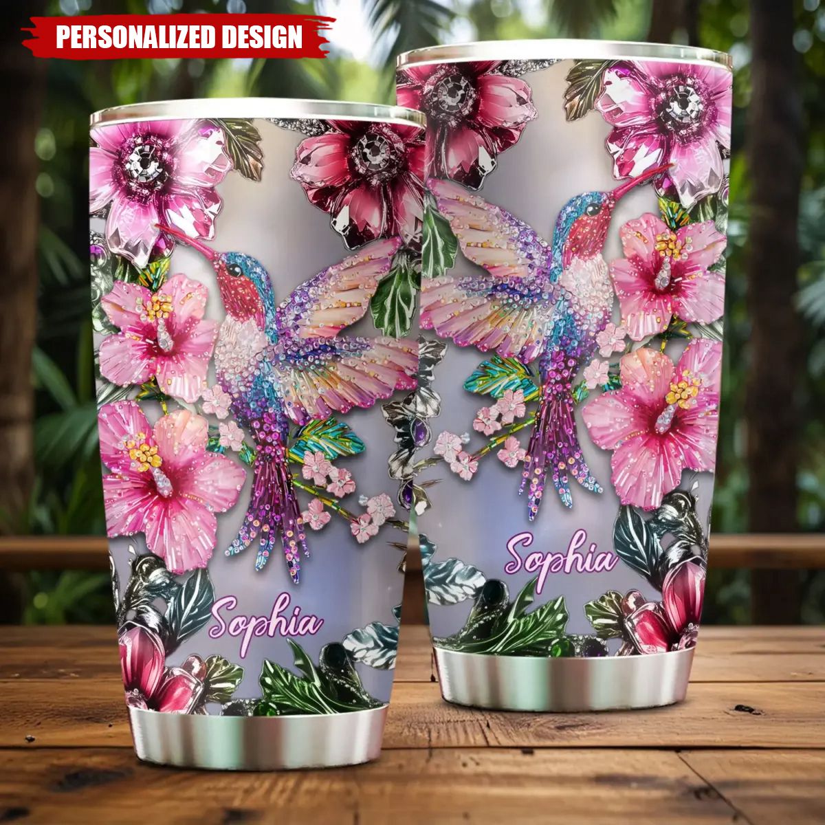 Sparkling Floral Hummingbird-Personalized Tumbler-Gift For Family,Friends