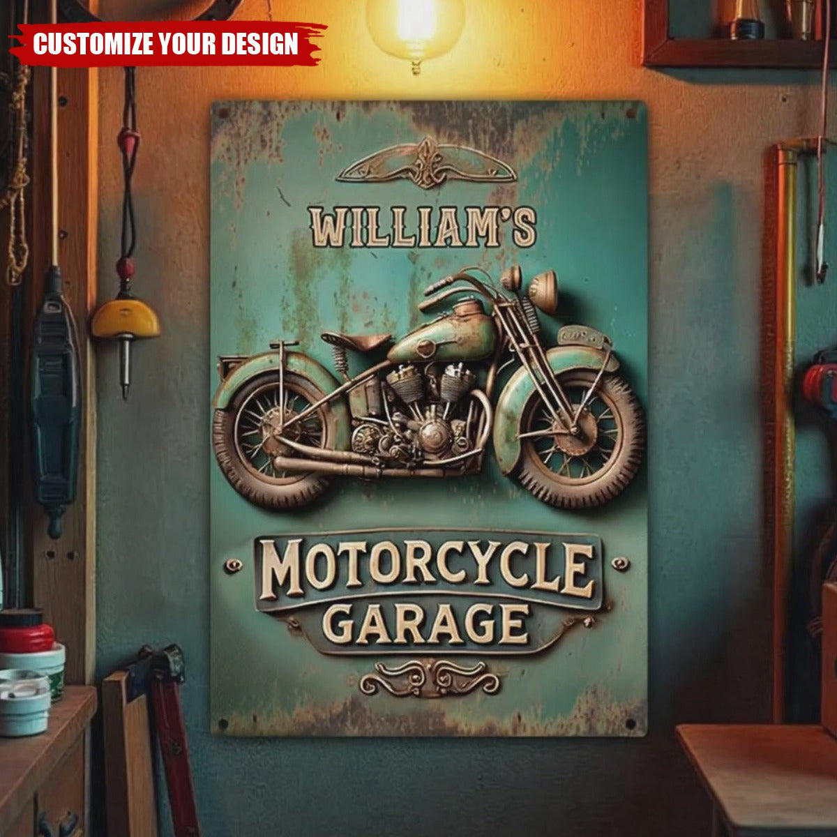 Motorcycle Garage - Personalized Biker Rectangle Metal Sign
