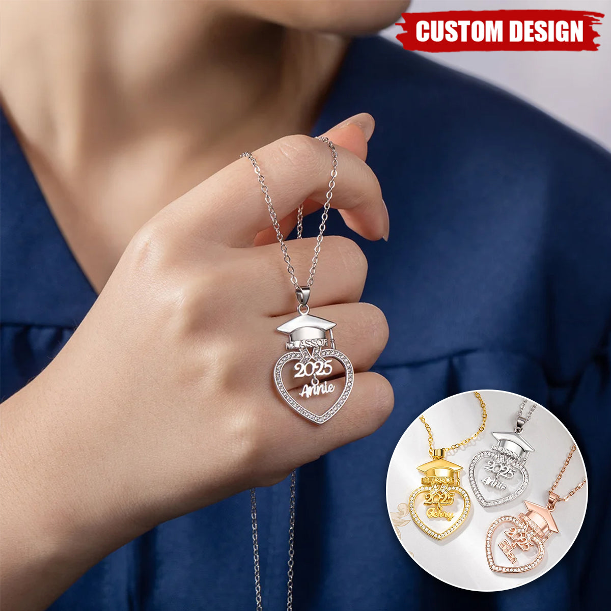 Personalized Grad Cap Zircon Heart Necklace - Class of 2025 Graduation - Gift for Graduates