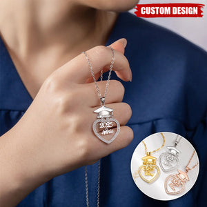 Personalized Grad Cap Zircon Heart Necklace - Class of 2025 Graduation - Gift for Graduates