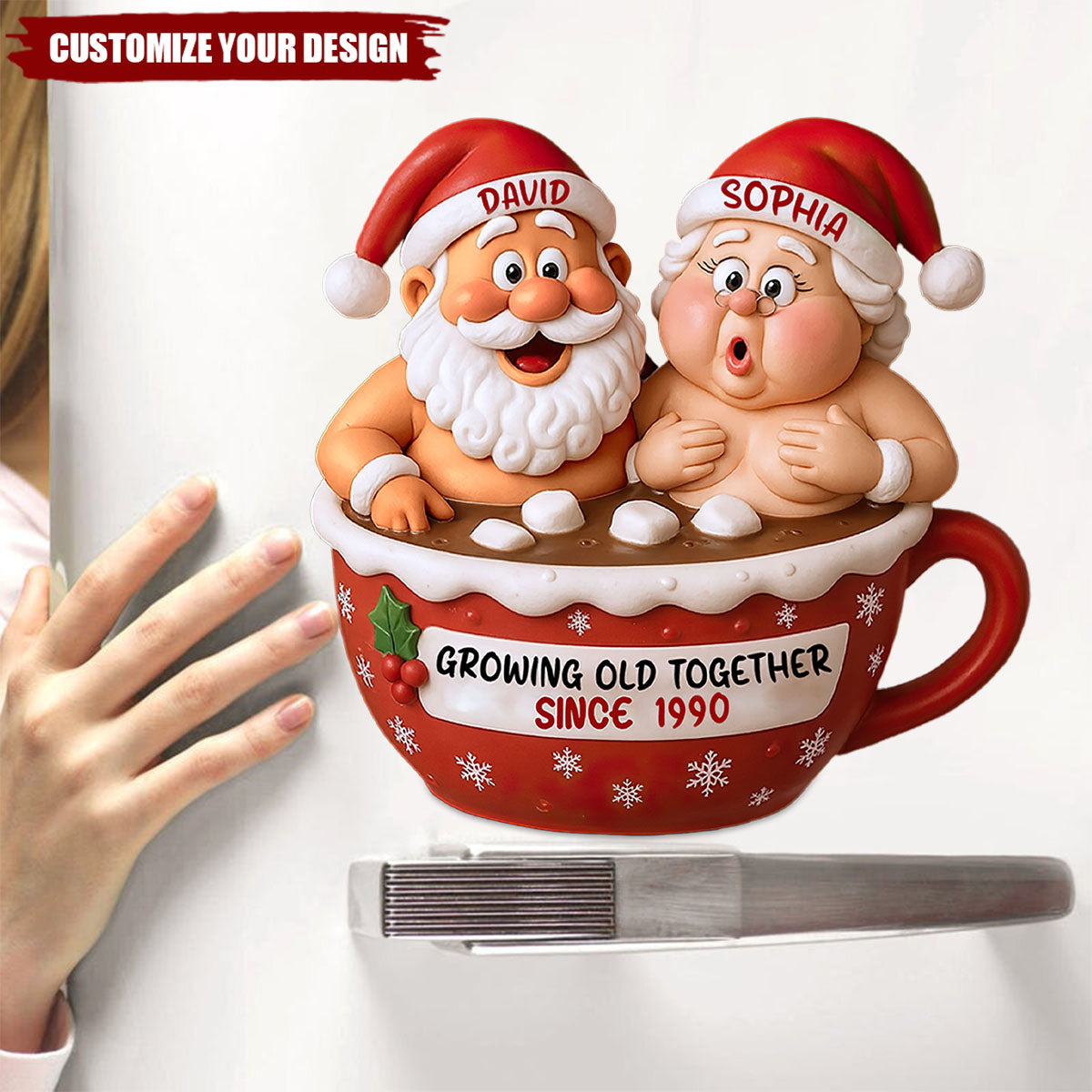 Growing Old Together Santa Claus In Hot Chocolate Cup, Personalized Couple Decal