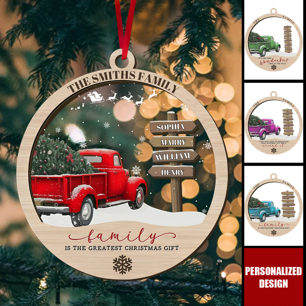 Personalized Family Red Truck Ornament-Farmhouse Christmas Decor