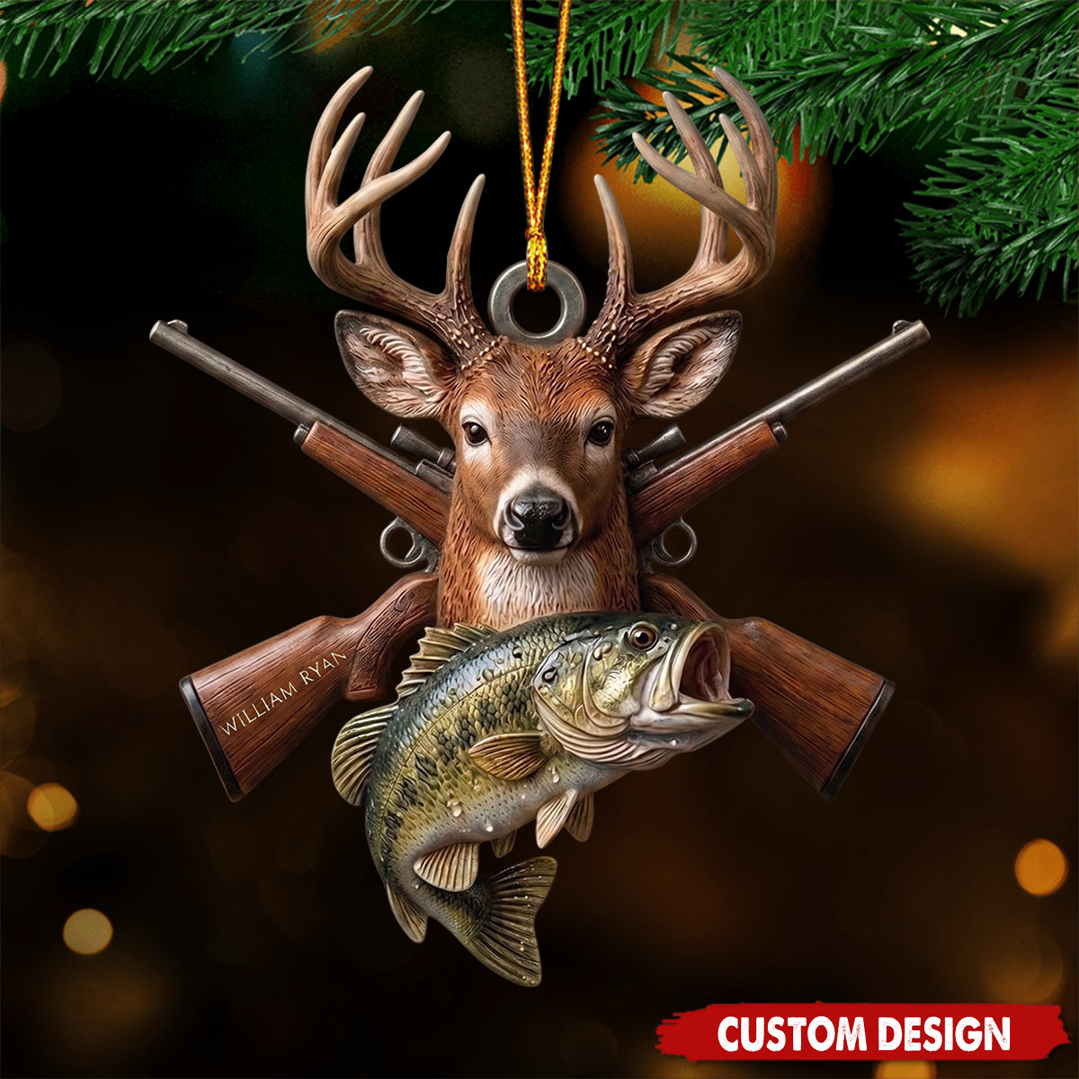Personalized Hunting Fishing Christmas Ornament, Deer Rifle Bass Gift