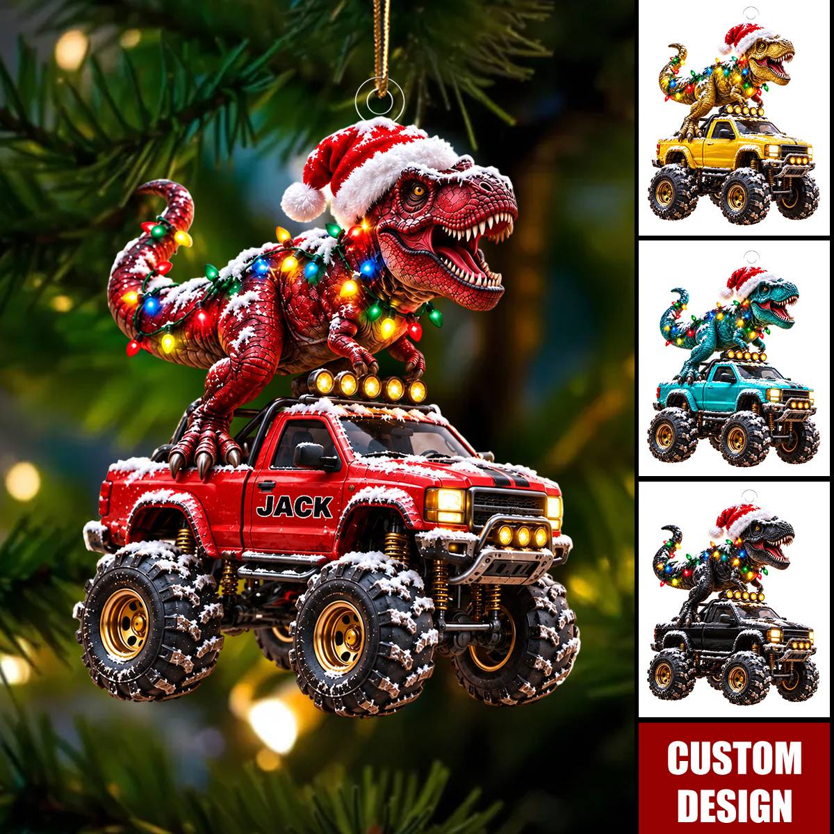 Custom Dinosaur Truck Ornament, Personalized Dinosaur Acrylic Ornament for Boys, Christmas Gift For Kids