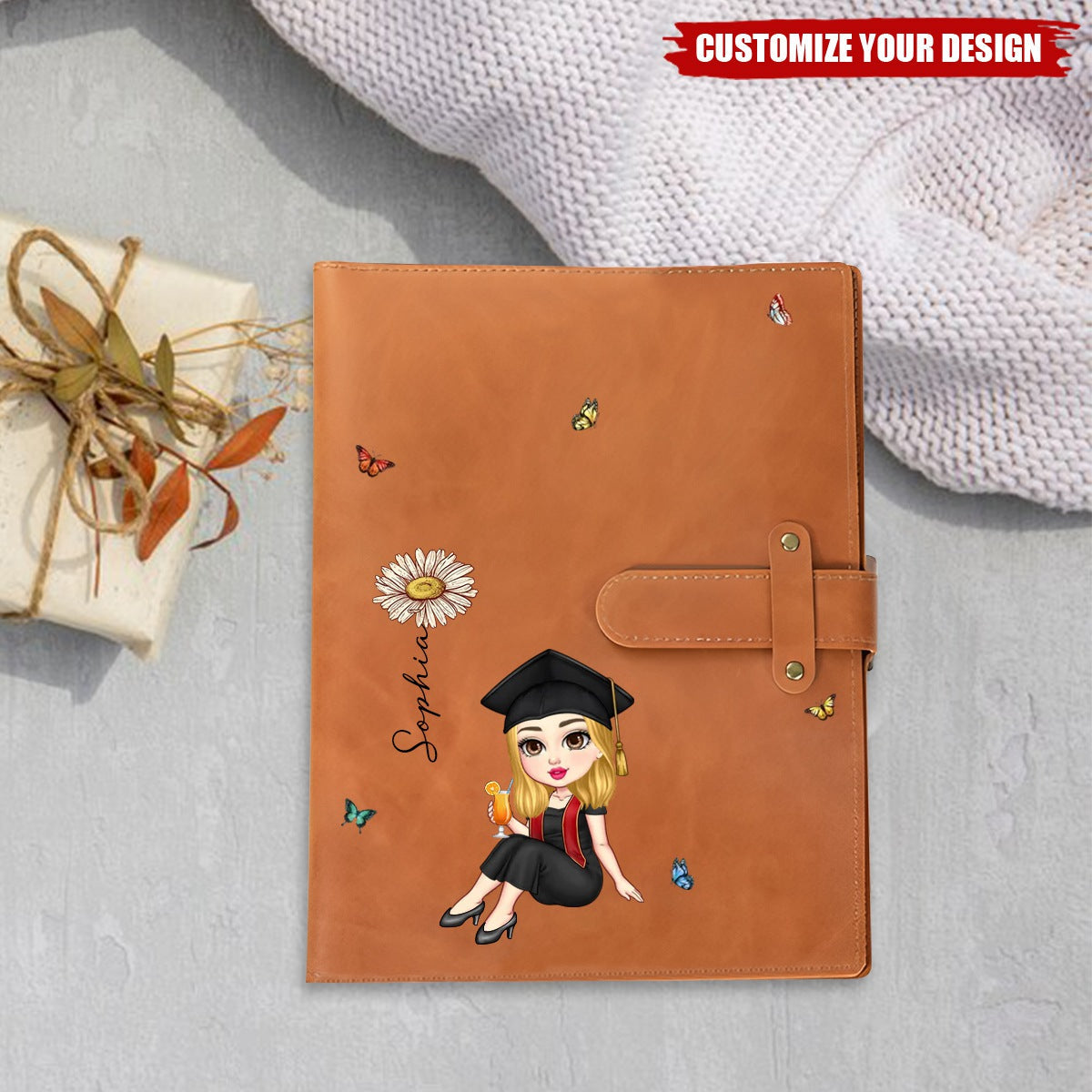 Personalized Cute Cartoon Graduate Birth Flower Leather Notebook with Name Birthday Graduation Gift for Graduates