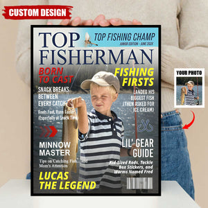 Custom Kids Fishing Magazine Cover Poster, Fishing Gifts for Boys, Fishing Gift for Son, Grandson, or Young Angler, Personalized Fisherman Gift