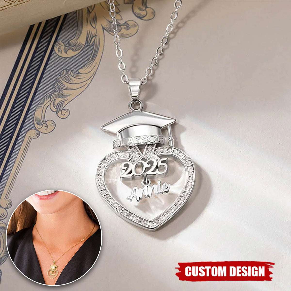 Personalized Grad Cap Zircon Heart Necklace - Class of 2025 Graduation - Gift for Graduates