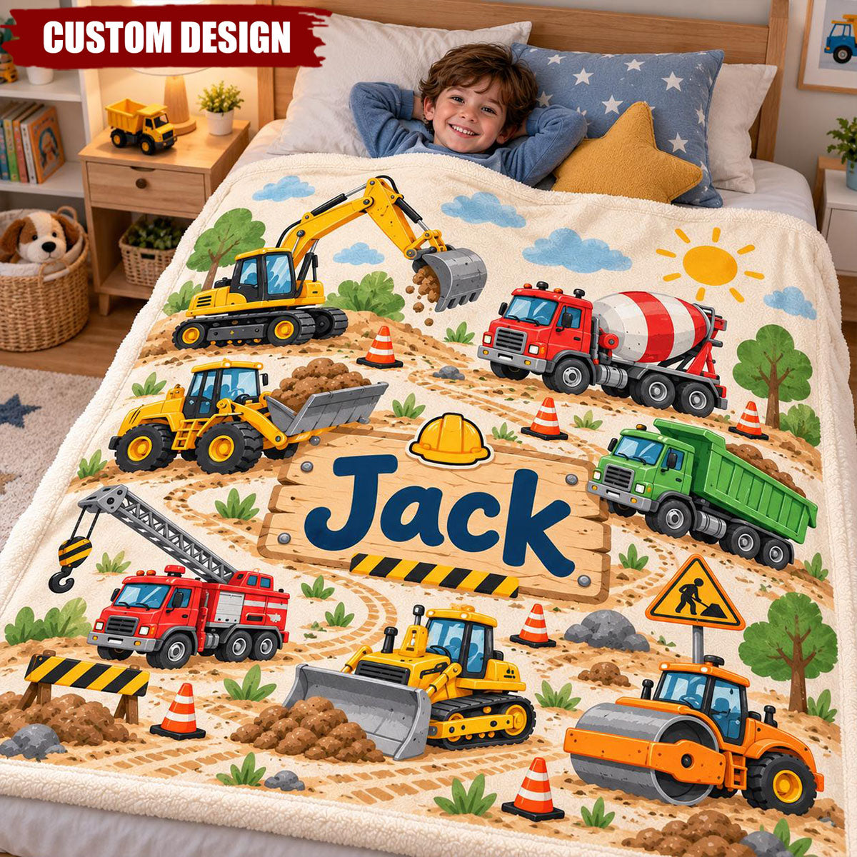 Personalized Construction Truck Excavator Blanket for Boys, Dump Truck and Bulldozer Throw