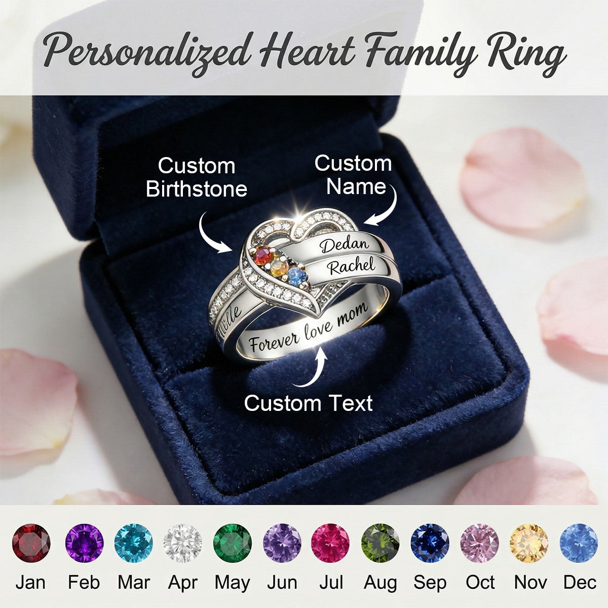 Personalized 1-8 Birthstones Heart Family Ring-Where Hearts Meet, Love Gleams In Every Stone