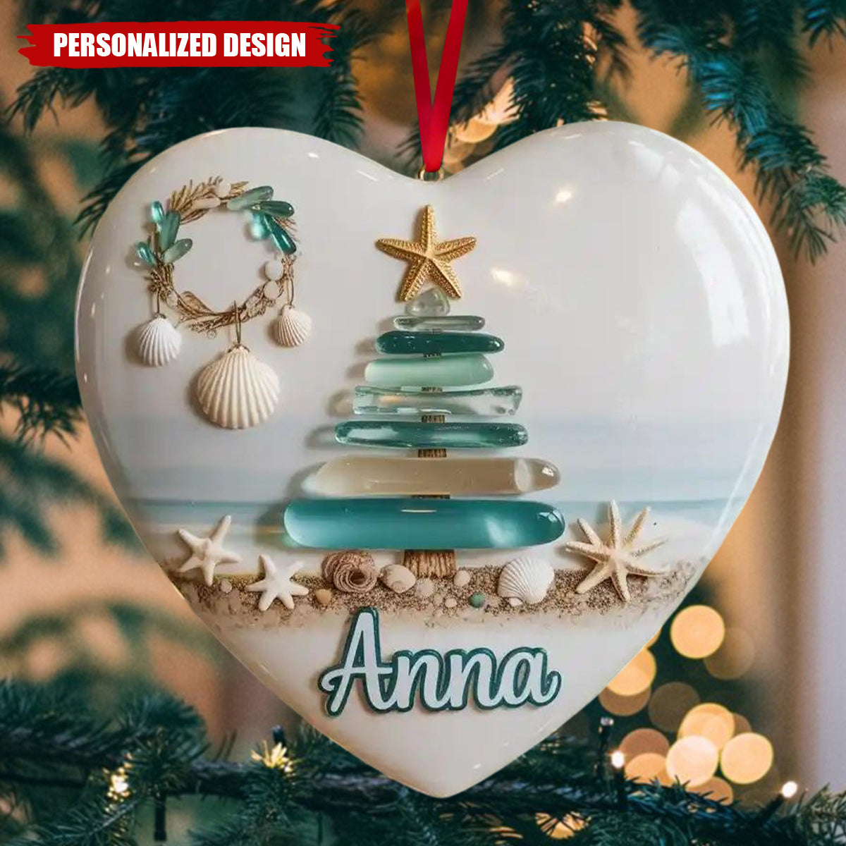 Personalized Coastal Sea Glass Ceramic Christmas Tree Ornaments