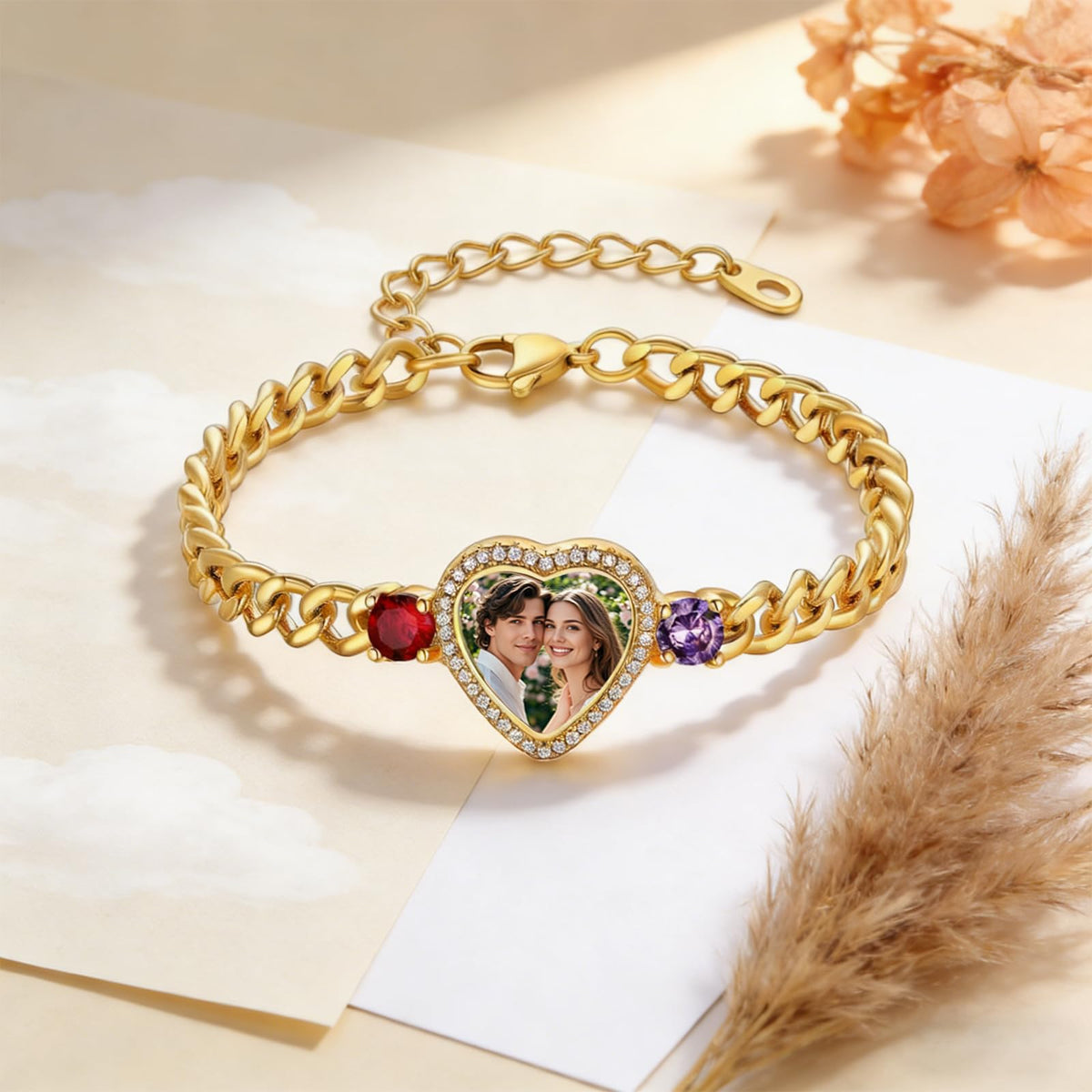 Personalized Heart Photo 2 Birthstones Bracelet - Gift For Mom Wife Grandma