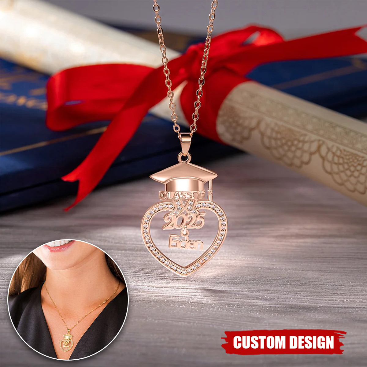 Personalized Grad Cap Zircon Heart Necklace - Class of 2025 Graduation - Gift for Graduates