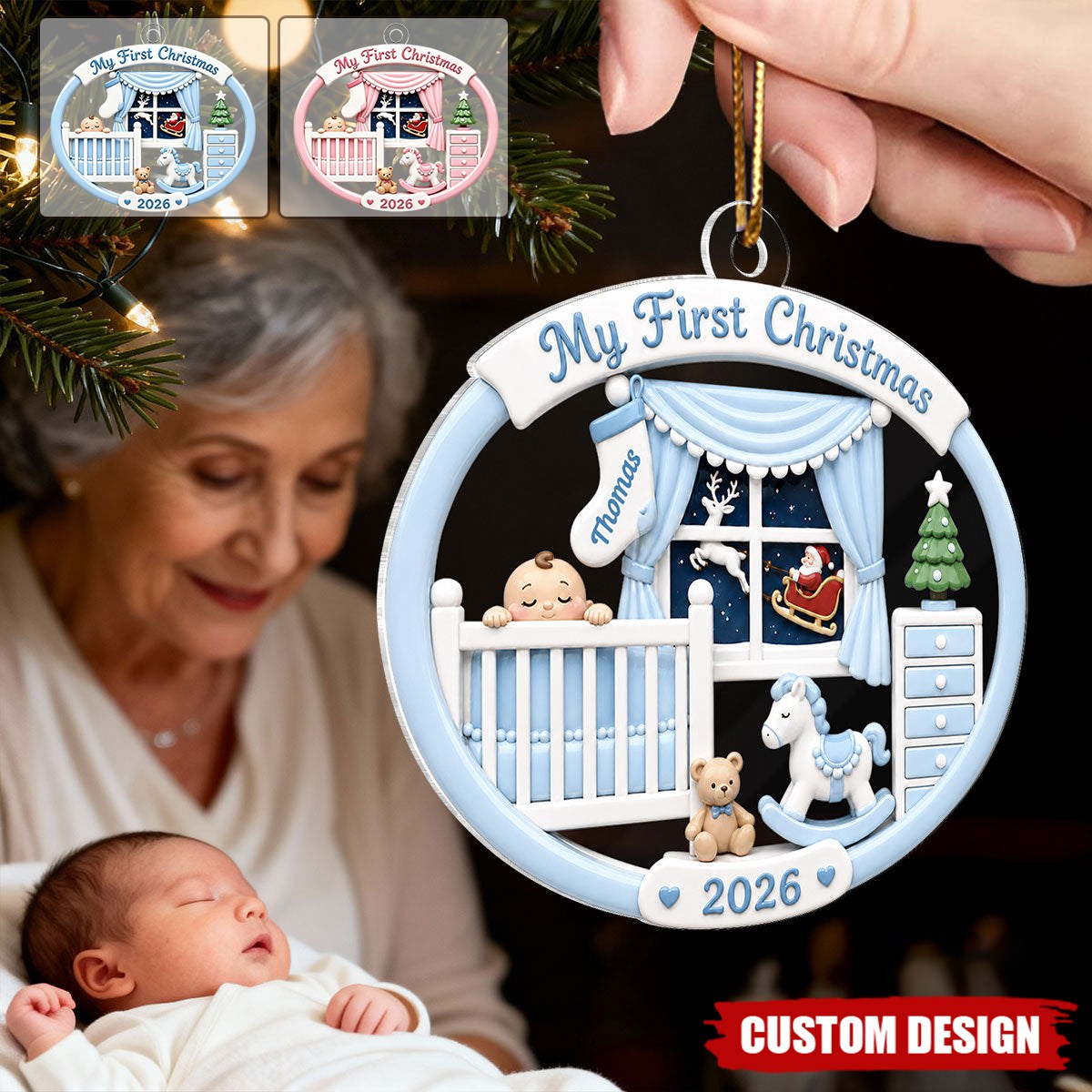 Light Pink Blue Baby's 1st Christmas 2026 - Personalized Acrylic Ornament - Unique Christmas Gift For New Parent