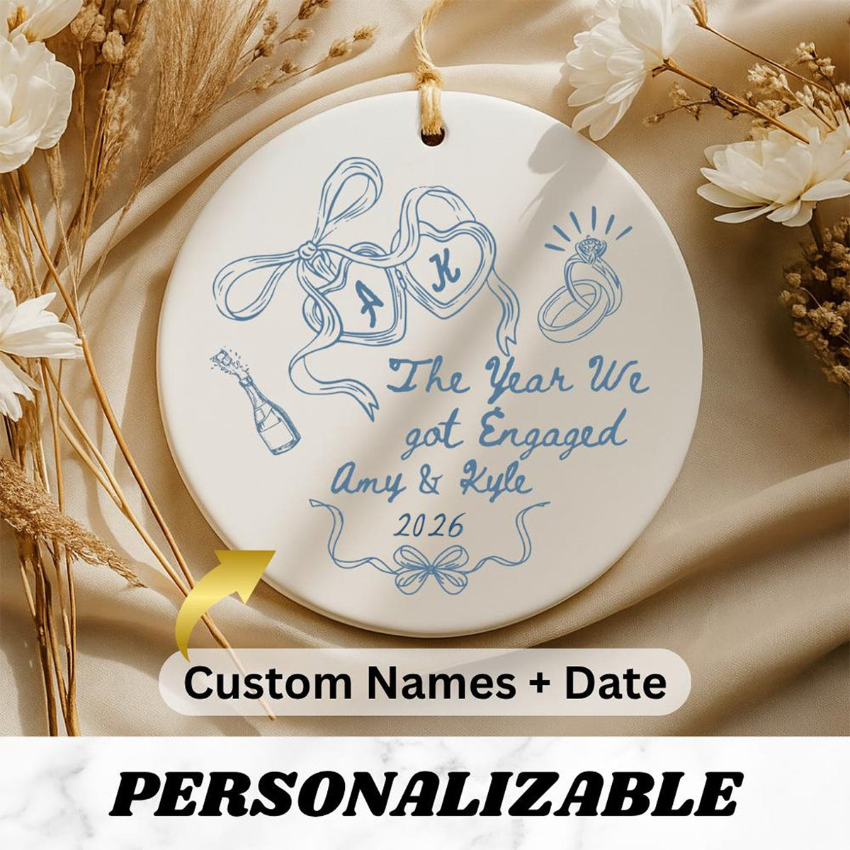 Personalized Engagement Ornament, The Year We Got Engaged Ceramic Keepsake, Custom Couple Ornament with Names and Year, Bride to Be Gift